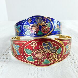Enamel Cloisonne Bracelets Bangle Butterflies Flowers Hinged Cuff Lot Red Blue